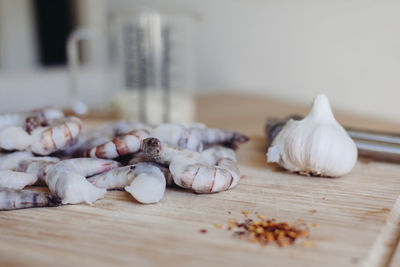 Close-up of shrimps on table