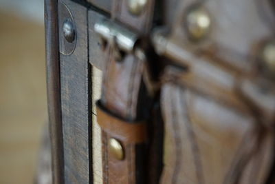 Close-up of old leather trunk