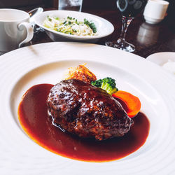 High angle view of meal served on table