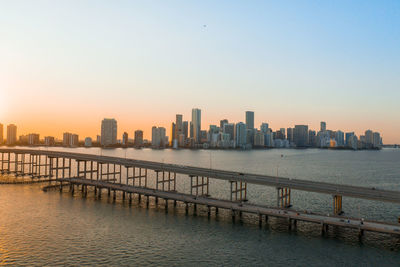 Scenic view of river by buildings against sky during sunset