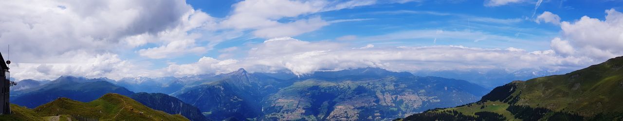 Panoramic view of mountains against cloudy sky