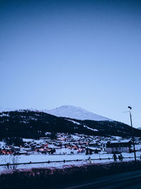 Scenic view of snowcapped mountains against clear sky