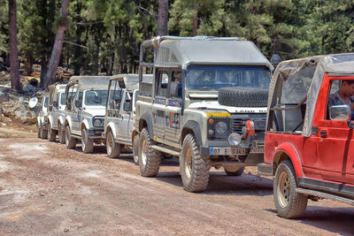 Vehicles on road against trees in city