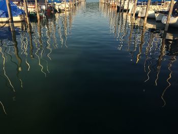 Panoramic view of boats moored in lake