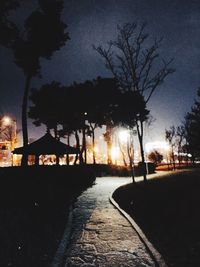 Silhouette trees by road against sky at night