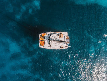 Drone view of yacht in sea