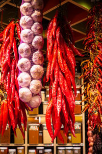 Close-up of red chili peppers for sale in market