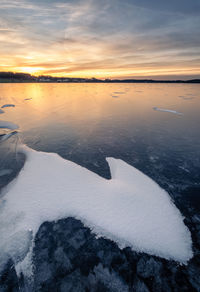 Scenic view of frozen sea against sky during sunset