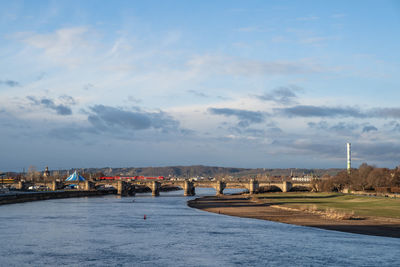 Bridge over river by buildings against sky