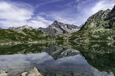 Scenic view of lake and mountains against sky