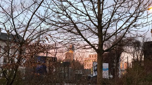 Bare trees by abandoned building against sky