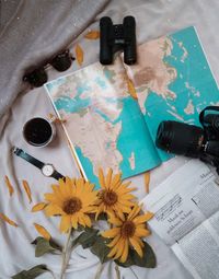 High angle view of flower vase on table