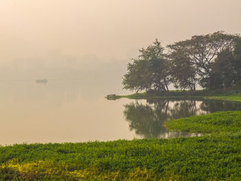Scenic view of lake by trees against sky