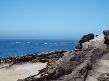 Rocks on beach against clear blue sky