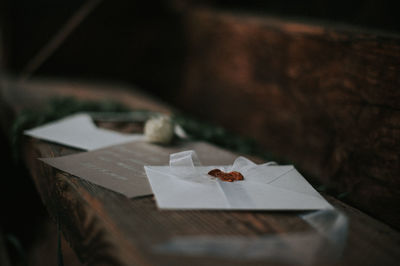 High angle view of paper on table