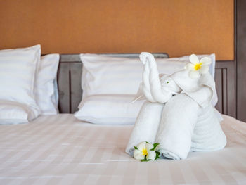 Bird made of towels on bed in hotel room