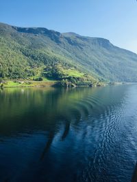 Scenic view of lake and mountains against clear sky