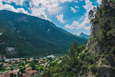 Aerial view of townscape amidst valley