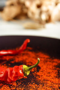 High angle view of chili peppers on table