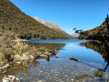 Scenic view of lake against clear blue sky