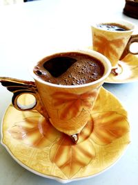 High angle view of coffee cup on table