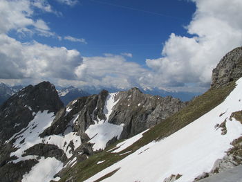 Scenic view of snow covered mountains against sky