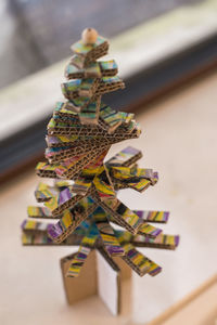 High angle view of colorful artwork on table