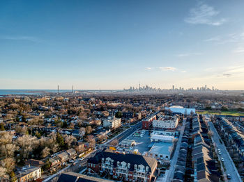 High angle view of buildings against sky