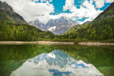 Scenic view of lake and mountains against sky