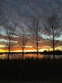 Silhouette bare trees by lake against sky during sunset