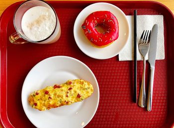 High angle view of breakfast served on table