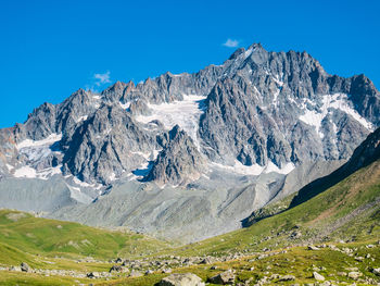 Scenic view of snowcapped mountains against clear blue sky