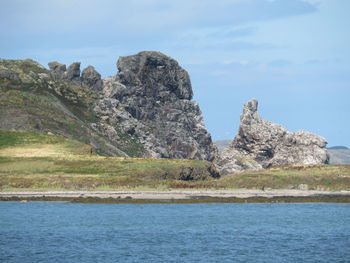 Scenic view of rocks in sea against sky