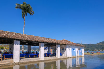 View of swimming pool against clear blue sky
