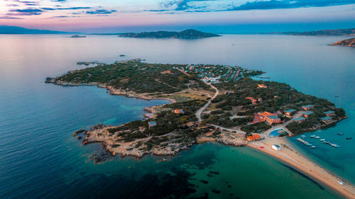 High angle view of sea against sky during sunset