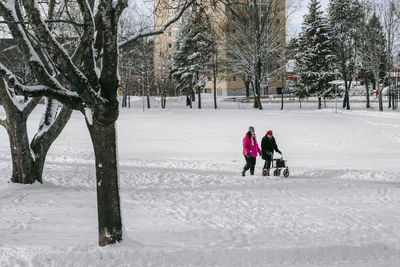 Women having walk at winter