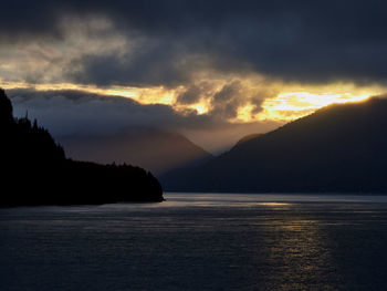 Scenic view of sea against romantic sky at sunset