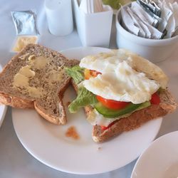 High angle view of breakfast served on table