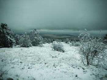 Snow covered land against sky