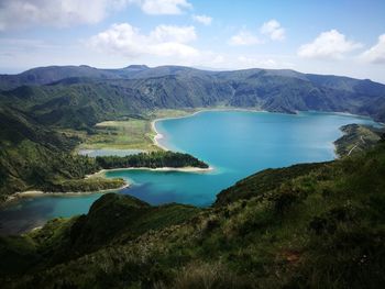 Scenic view of lake and mountains against sky