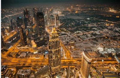 High angle view of city buildings at night