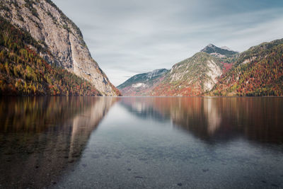 Scenic view of lake and mountains against sky