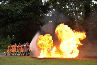 People with fire on rock against trees