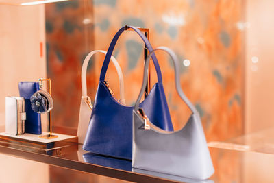 Bright blue and white leather women's handbags with gold clasp. fashion details and accessories