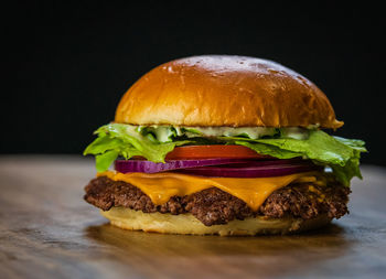 Close-up of burger on table