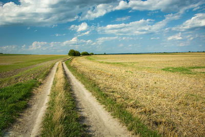 Dirt road amidst field against sky