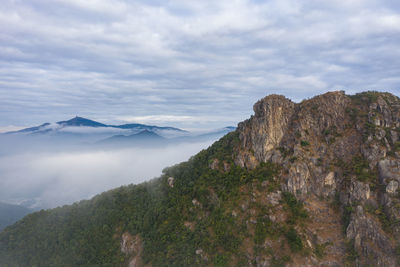 View of mountain range against cloudy sky