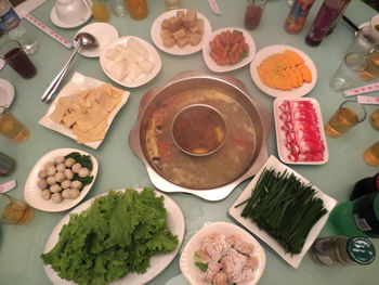 Close-up of served food on table