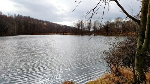 Scenic view of lake against cloudy sky