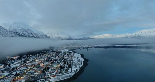 Aerial view of snowcapped mountains against sky